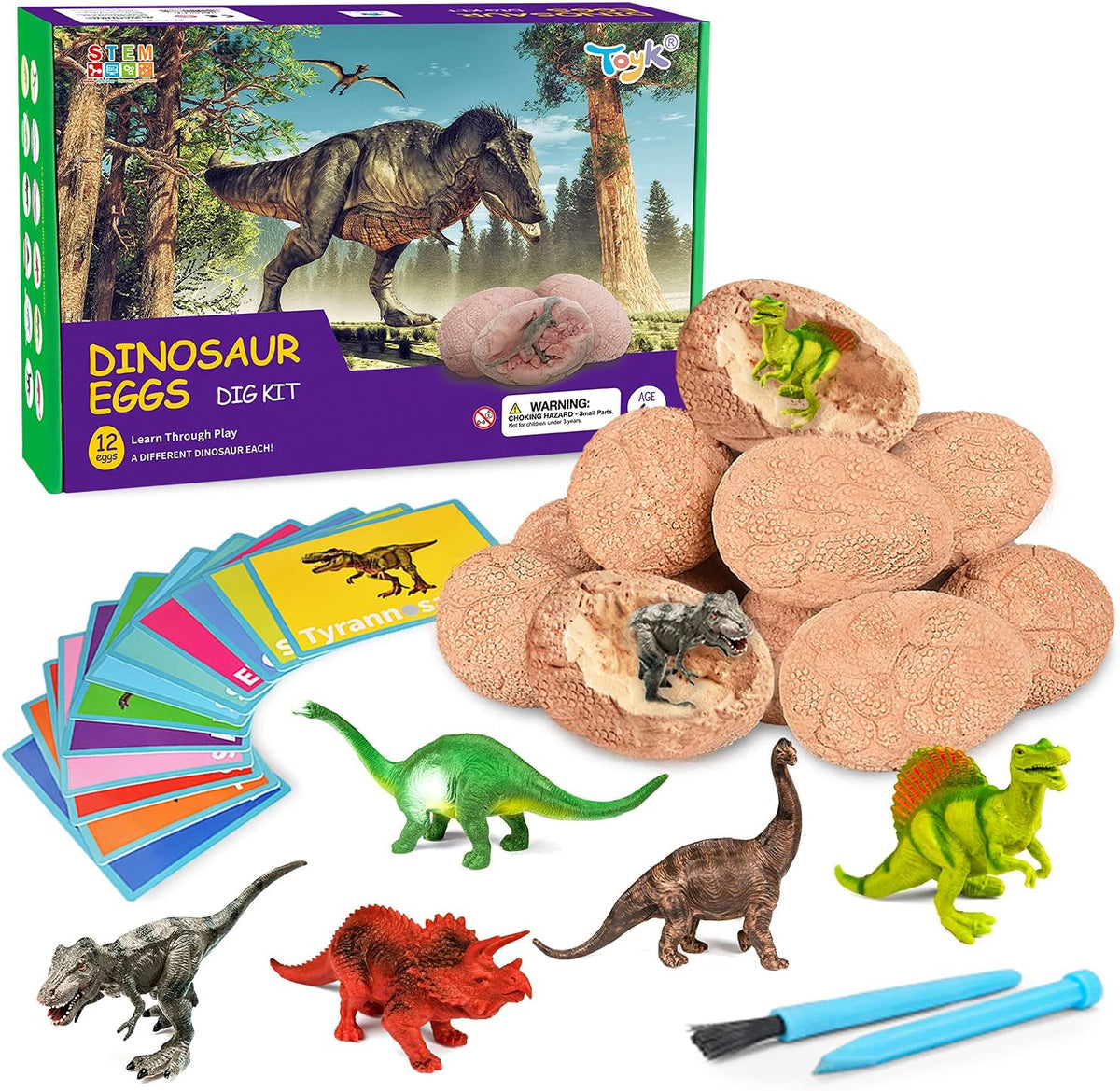 Toyk dig up dinosaur fossil eggs kit packaging front view featuring colorful prehistoric designs