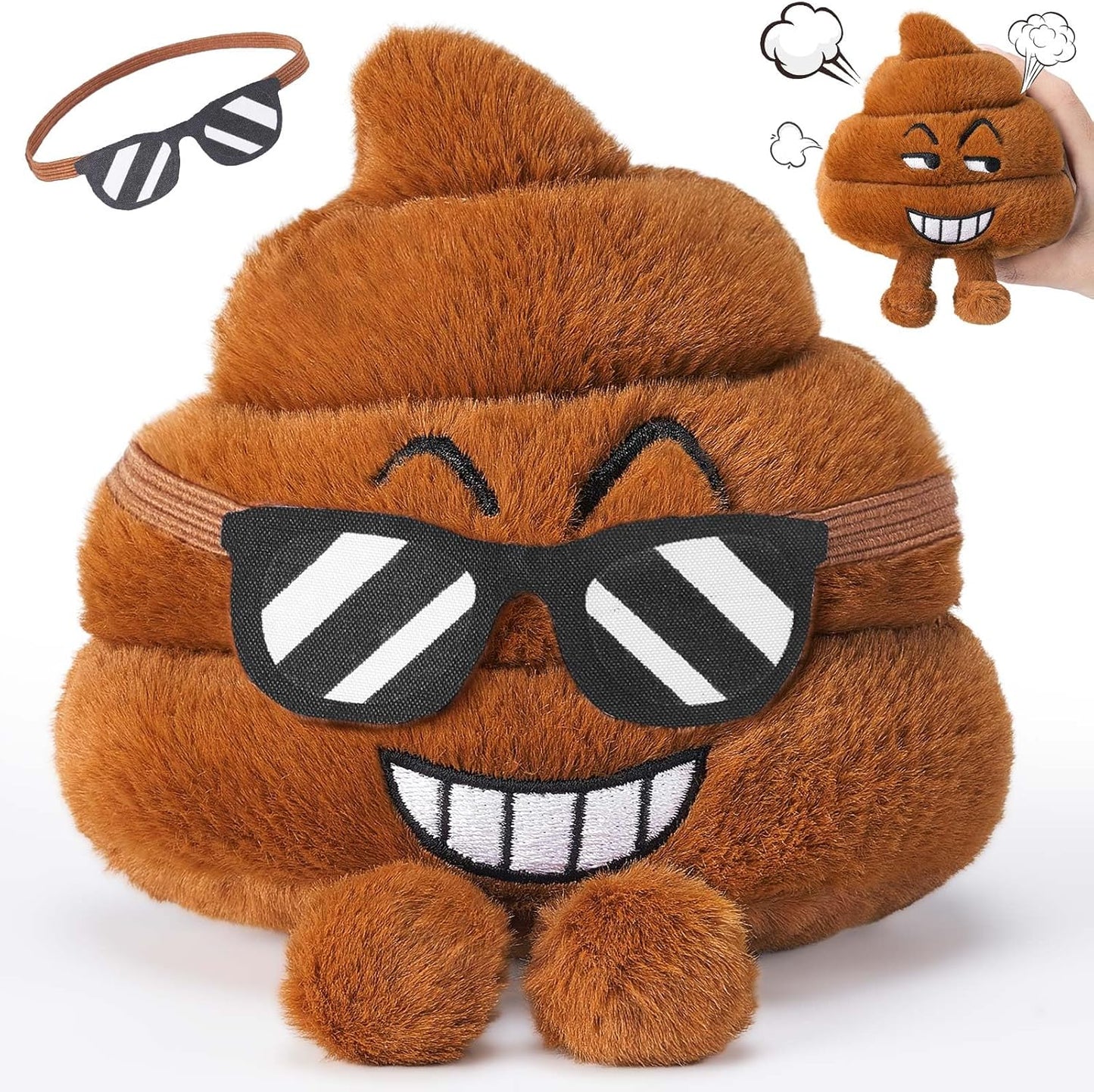 SnugBibble Farting Poop Plush Toy front view showing funny expression and glasses.