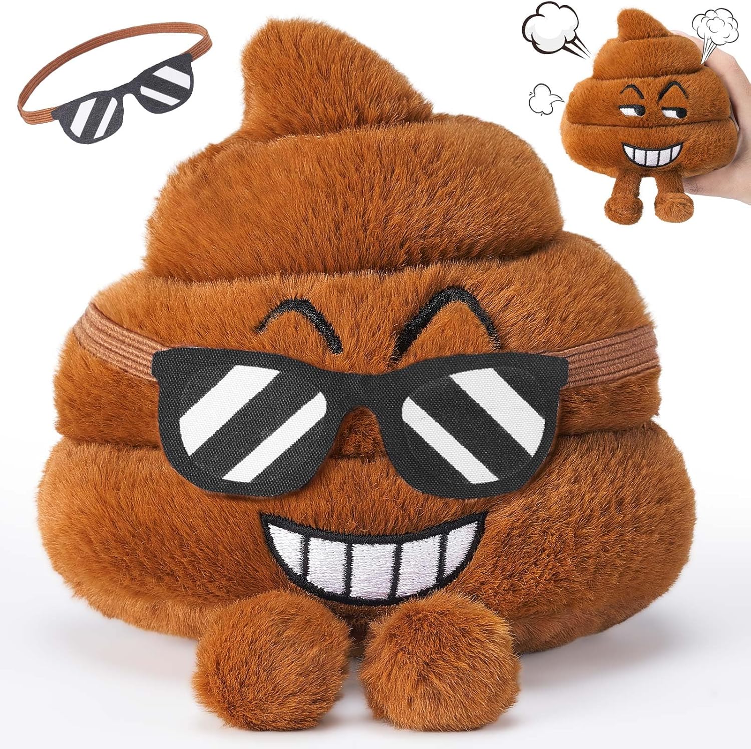 SnugBibble Farting Poop Plush Toy front view showing funny expression and glasses.