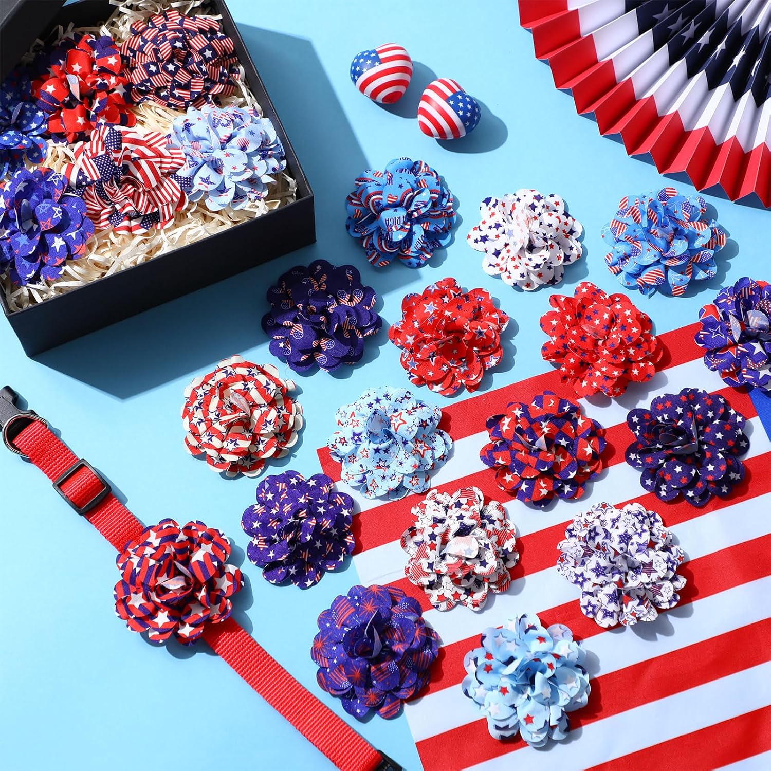 Huhumy 4th of July pet costume charms measuring eight centimeters in diameter shown next to a ruler.