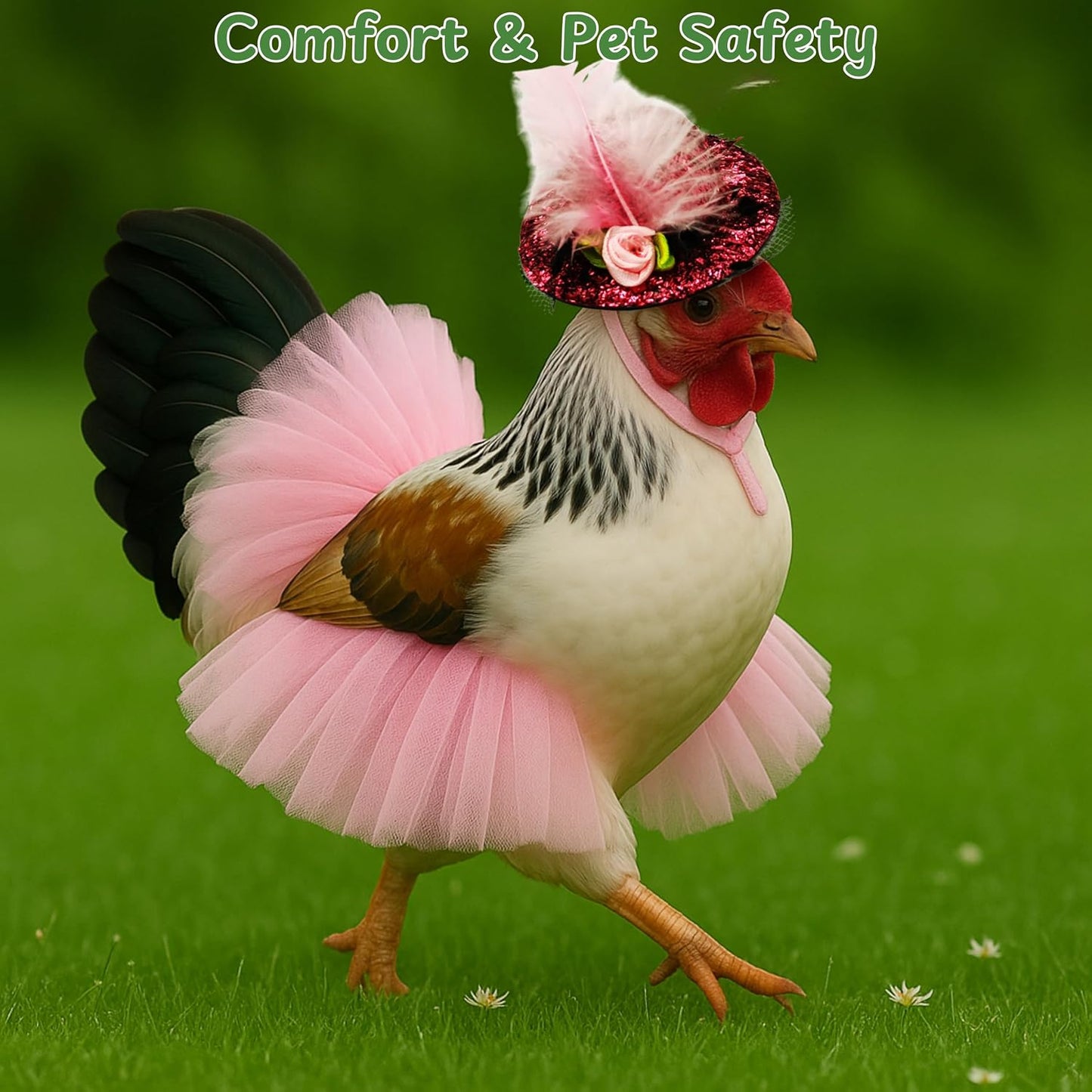 Back view of durable pink hen clothing costume for backyard poultry.