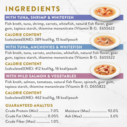 Silky savory lickable cat broth complement in a small serving bowl