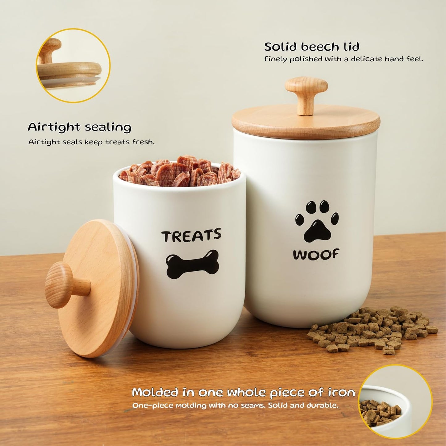White metal pet snack canisters with airtight seal and wooden lid