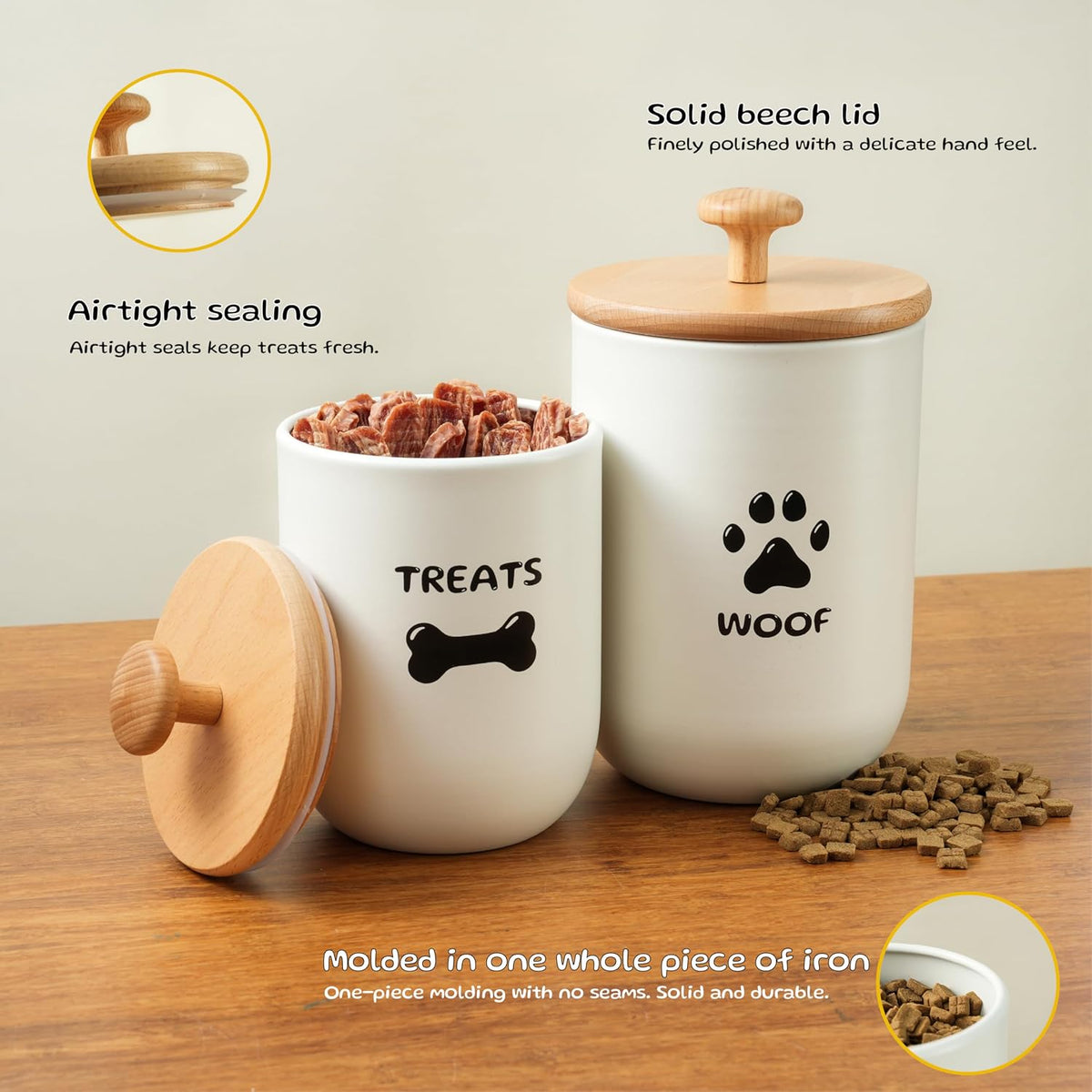 White metal pet snack canisters with airtight seal and wooden lid