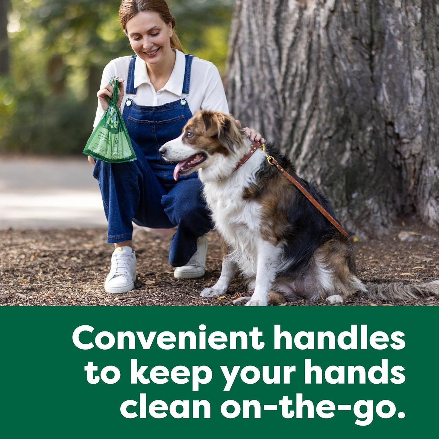 Leakproof thick dog poop bags demonstrating the convenient tie handles for secure disposal.