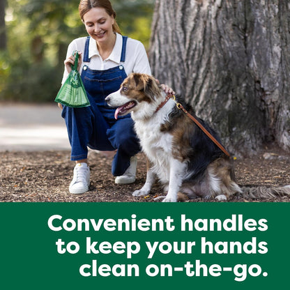 Leakproof thick dog poop bags demonstrating the convenient tie handles for secure disposal.