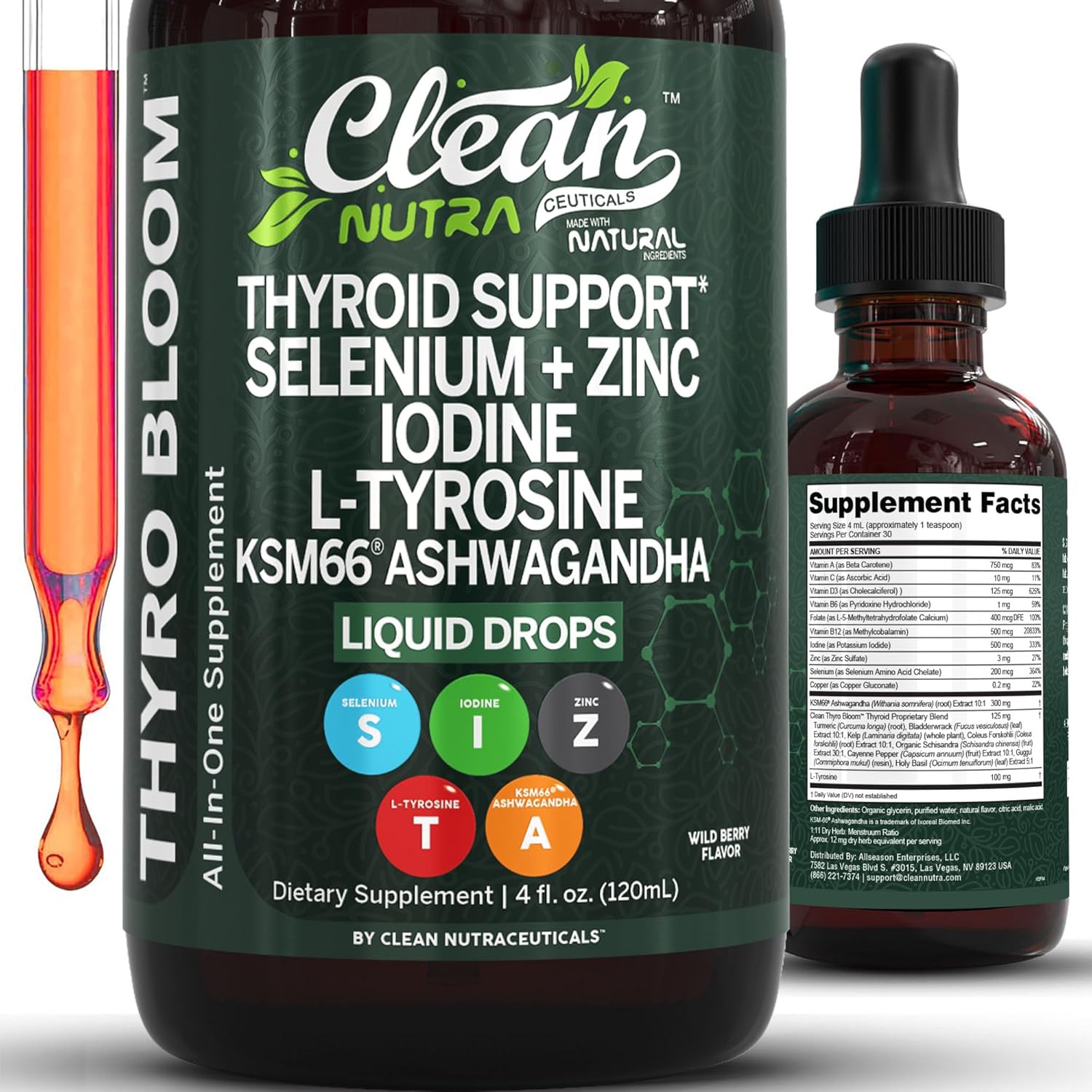 clean nutra thyroid support liquid drops with ksm-66 aashwagandha root powder