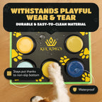 Close up view of a domestic dog pressing an easy spring recordable training button.