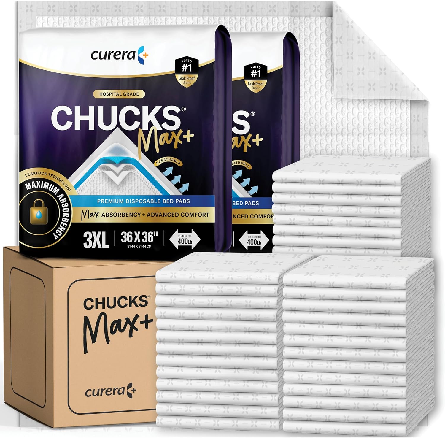Curera Chucks Max-Plus disposable hospital bed pads front packaging view