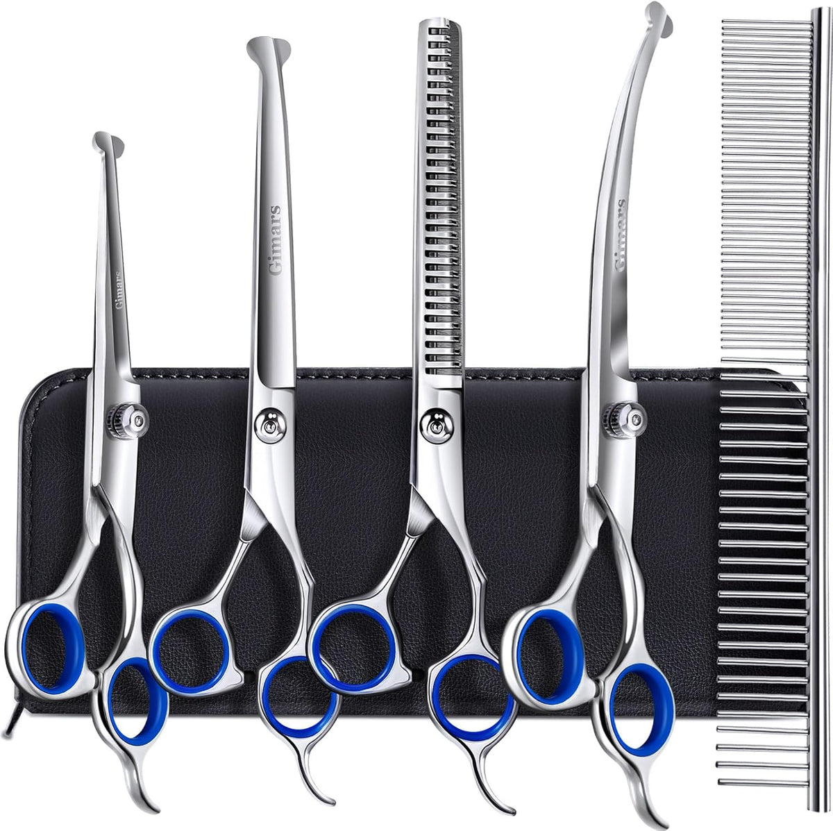 Gimars professional dog grooming scissors kit front view featuring complete six piece set in open storage case