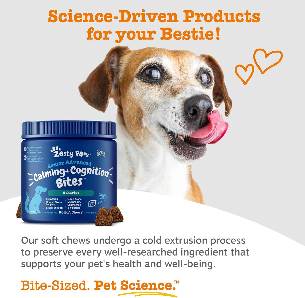 Senior dog anxiety relief chews with ashwagandha and lions mane mushroom.