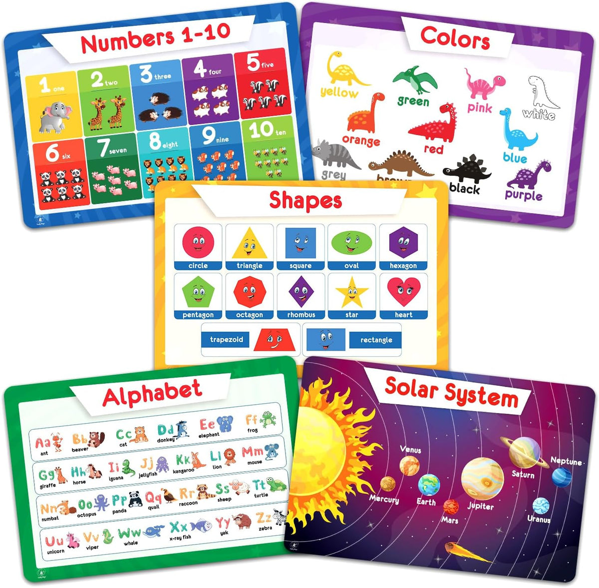 Simply Magic educational placemats for kids front view showing alphabet and numbers designs