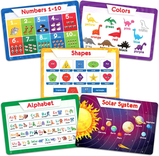 Simply Magic educational placemats for kids front view showing alphabet and numbers designs