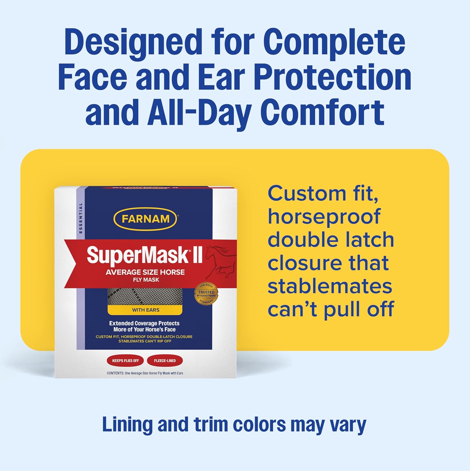 Farnam SuperMask II Horse Fly Mask WITH EARS, Extended Coverage Equine Fly Protection, Protects Eyes from Insects, Debris & UV, Adjustable Throat Latch, Plush Fleece Trim, Average Size - Image 4