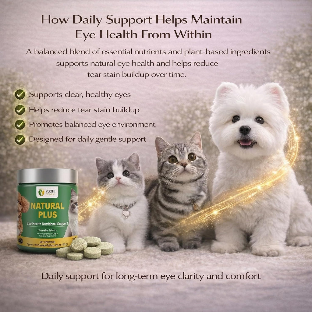 Close-up of the natural eye health formula tablets for canine and feline visual wellness.