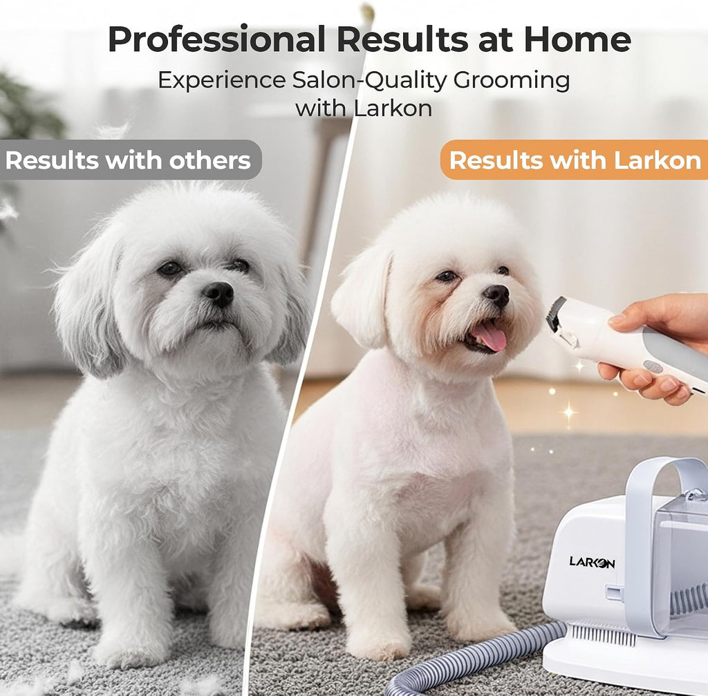 Larkon high-suction pet vacuum cleaning loose undercoat hair from a shedding dog.