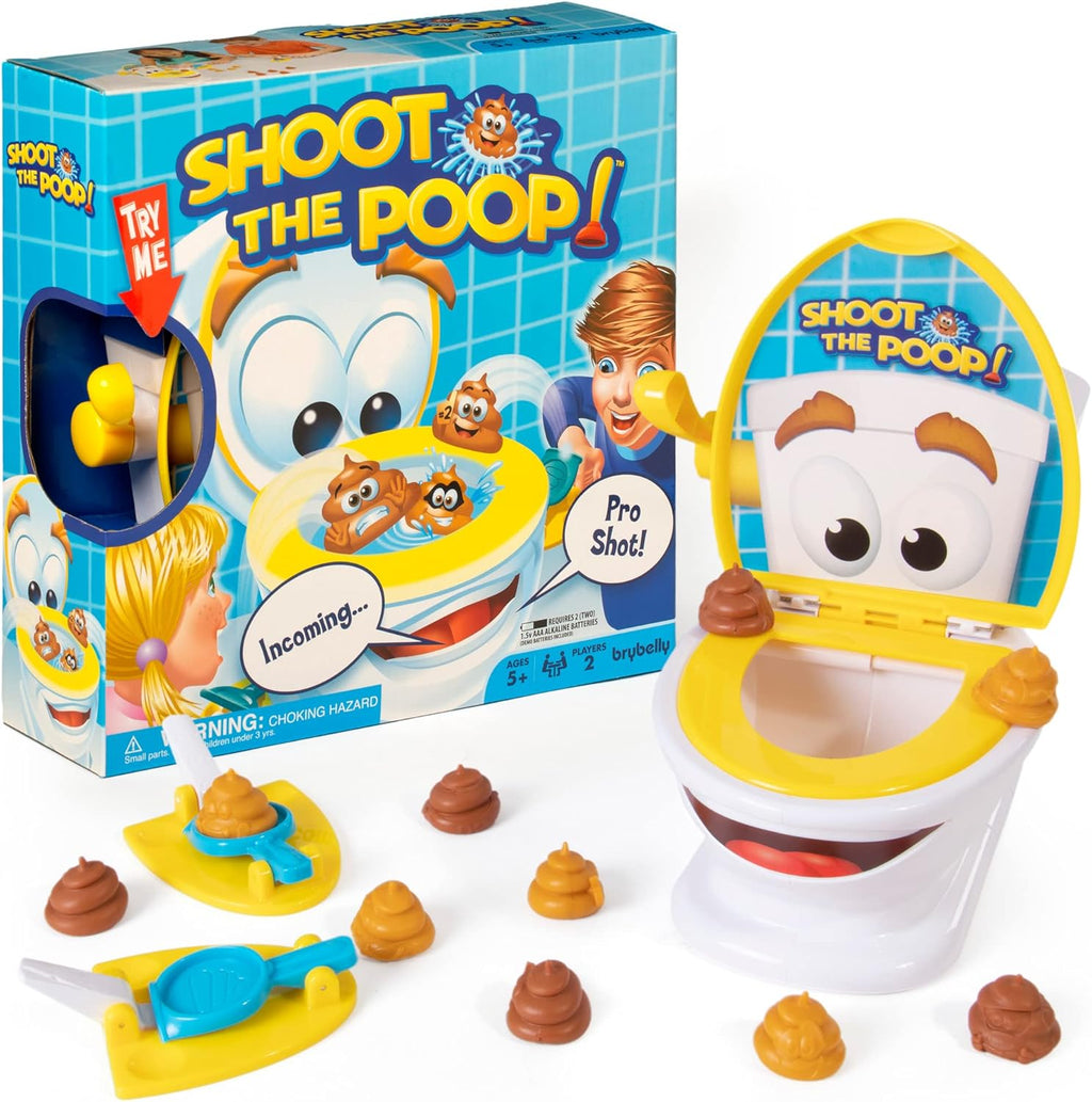 Brybelly Shoot The Poop talking toilet board game package front view showing Tank the toilet character.