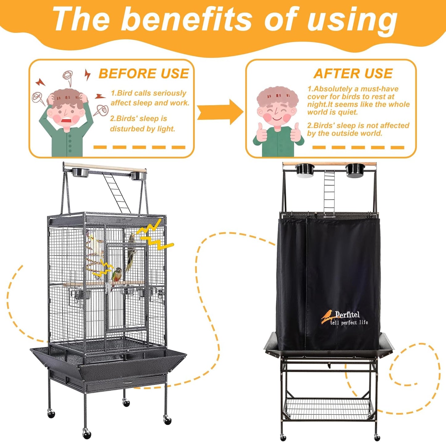 Perfitel bird cage sleep cover front panel rolled up showcasing accessible birdcage doors