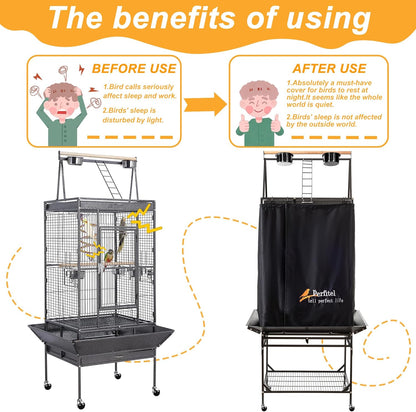Perfitel bird cage sleep cover front panel rolled up showcasing accessible birdcage doors