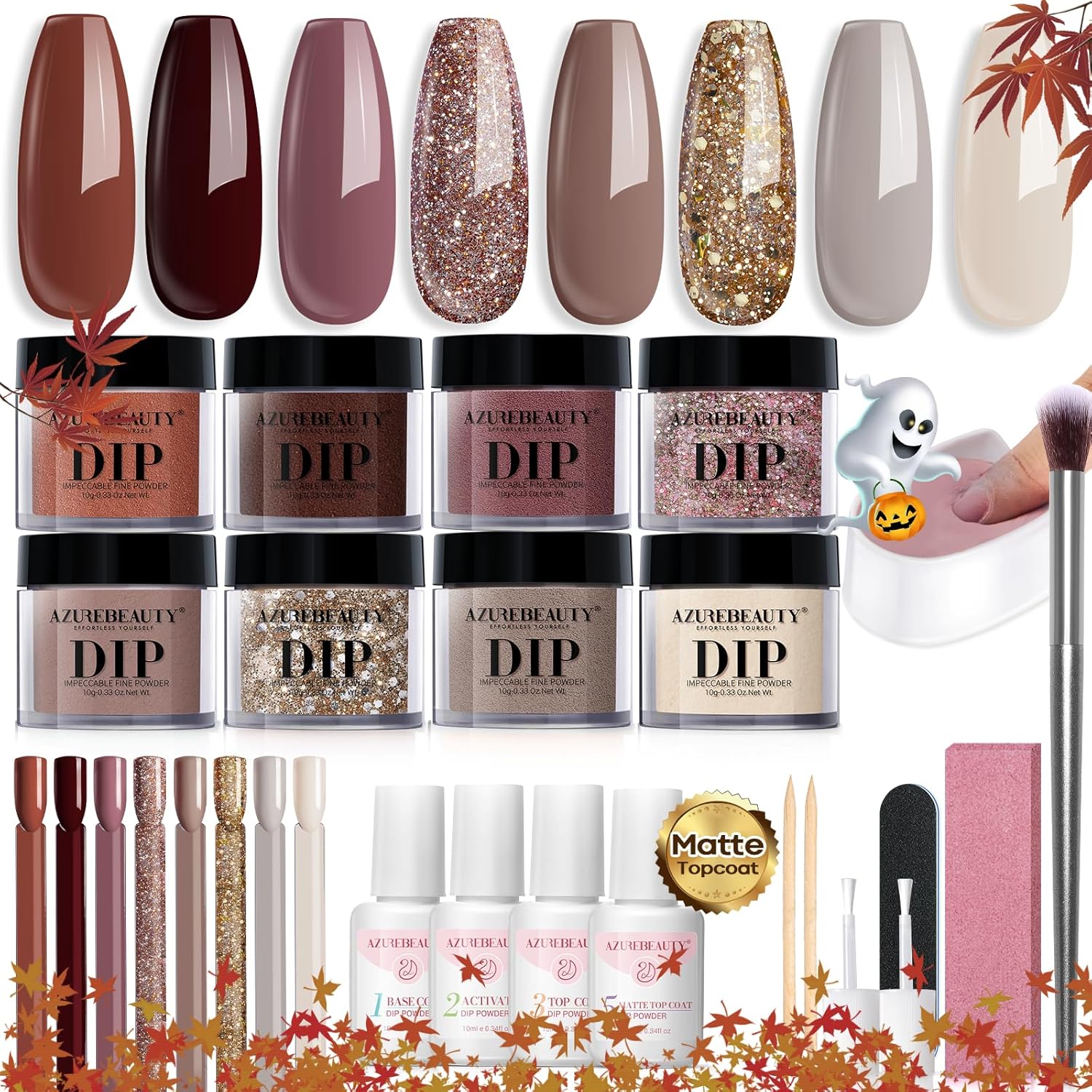 AZUREBEAUTY 30 piece dip powder nail kit with 8 fall winter nude and glitter colors