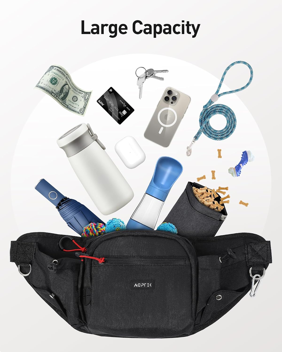 AGPTEK waterproof nylon walking belt bag packed with phone keys waste bags and dog treats for an outdoor session.