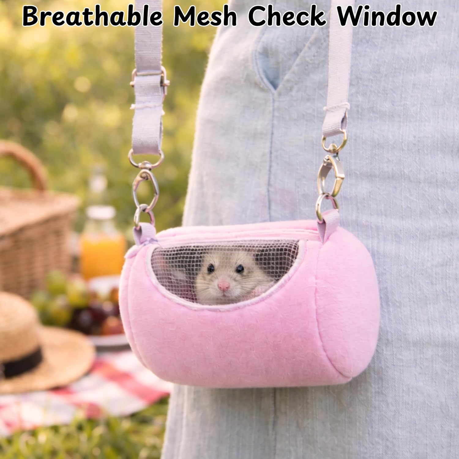 Dwarf Hamster Carrier Backpack Travel Bag, Dwarf Hamster Carry Pouch With Liner And Adjustable Lightweight Tether, Breathable Soft Outgoing Sleeping Travel Bag For Small Pets Squirrels Reptiles (Pink) - Image 2