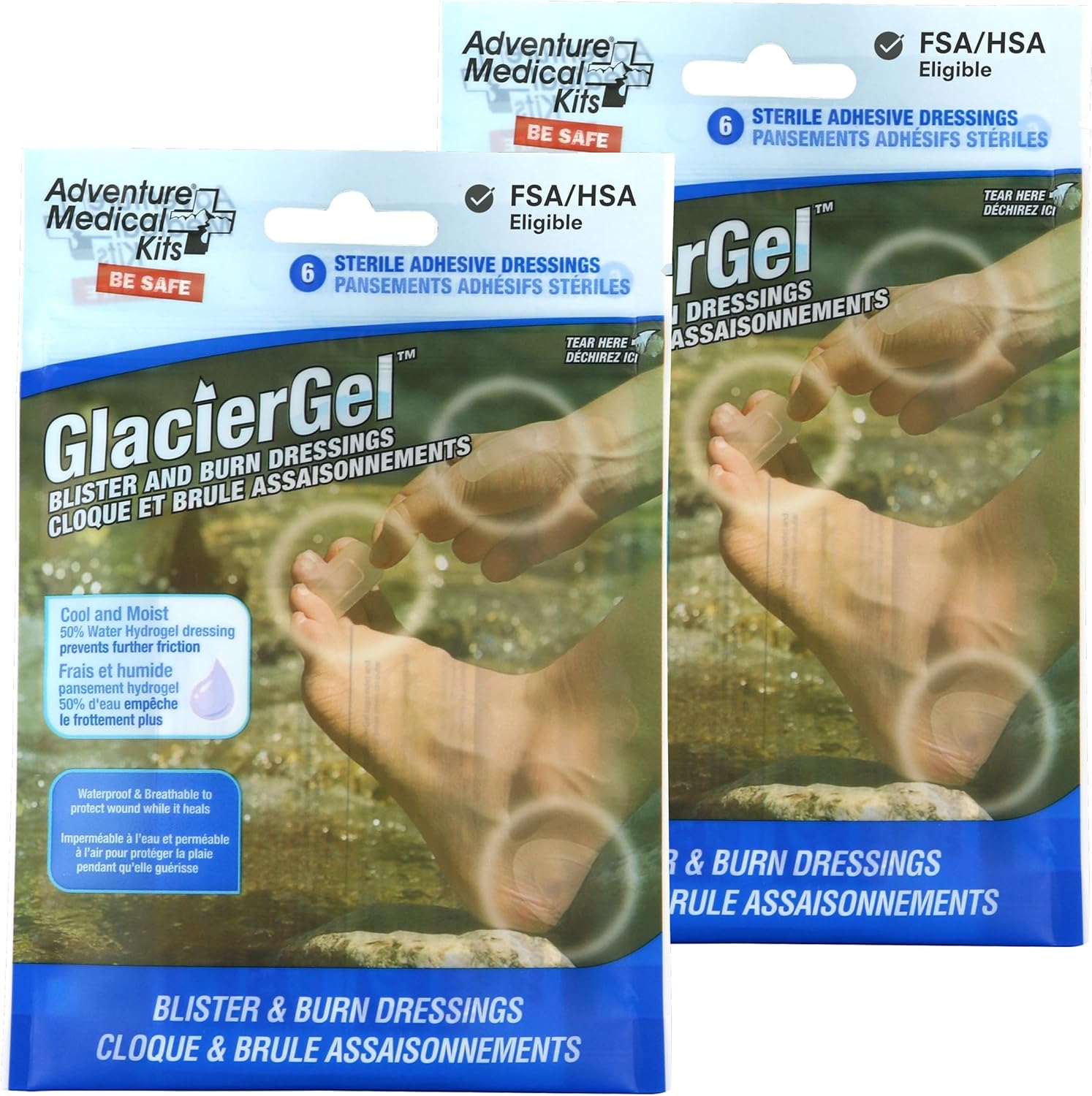 Adventure Medical Kits GlacierGel Blister and Burn Dressing front packaging for first aid.