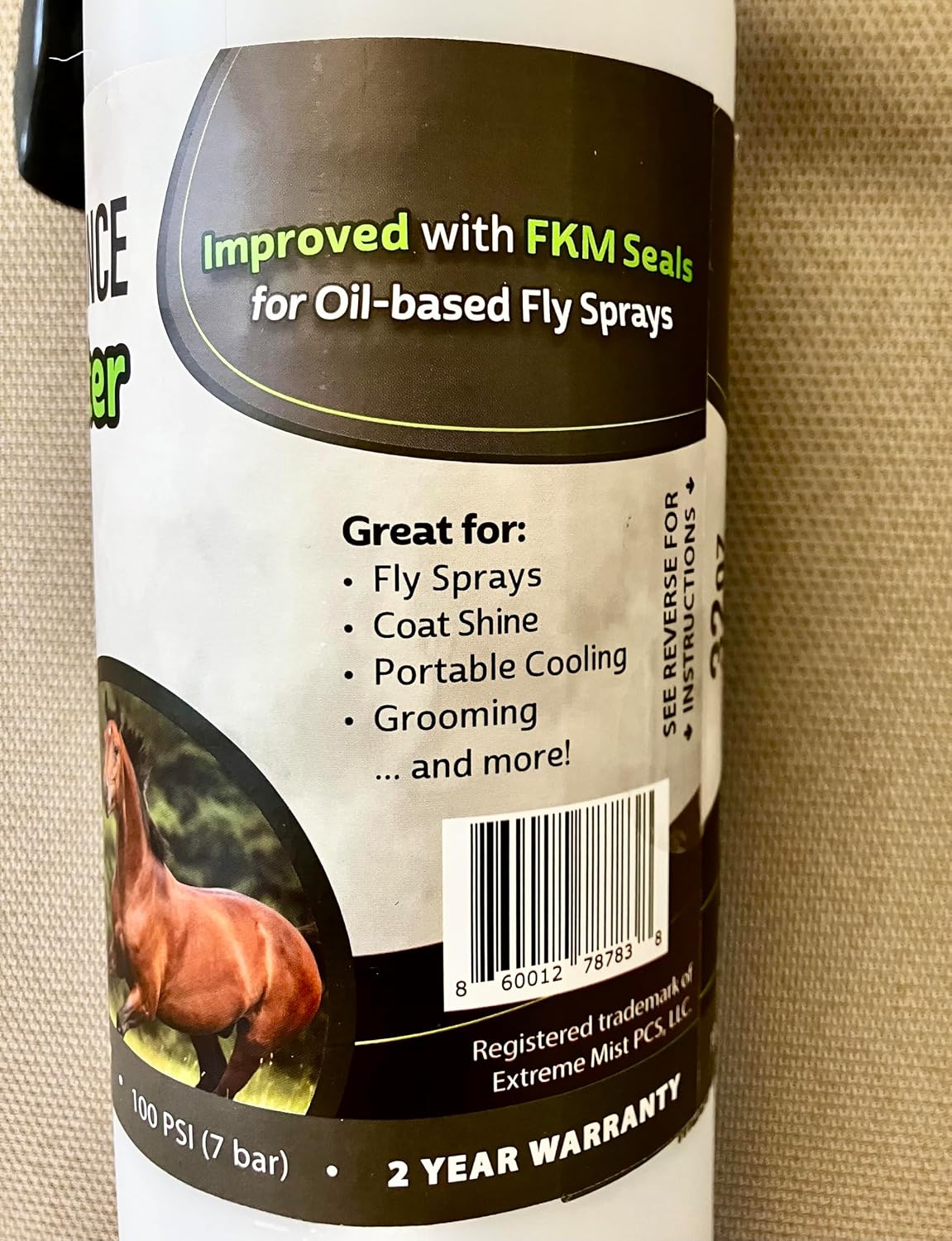 ExtremeMIST fly spray bottle with premium FKM seals designed for oil based equine treatments