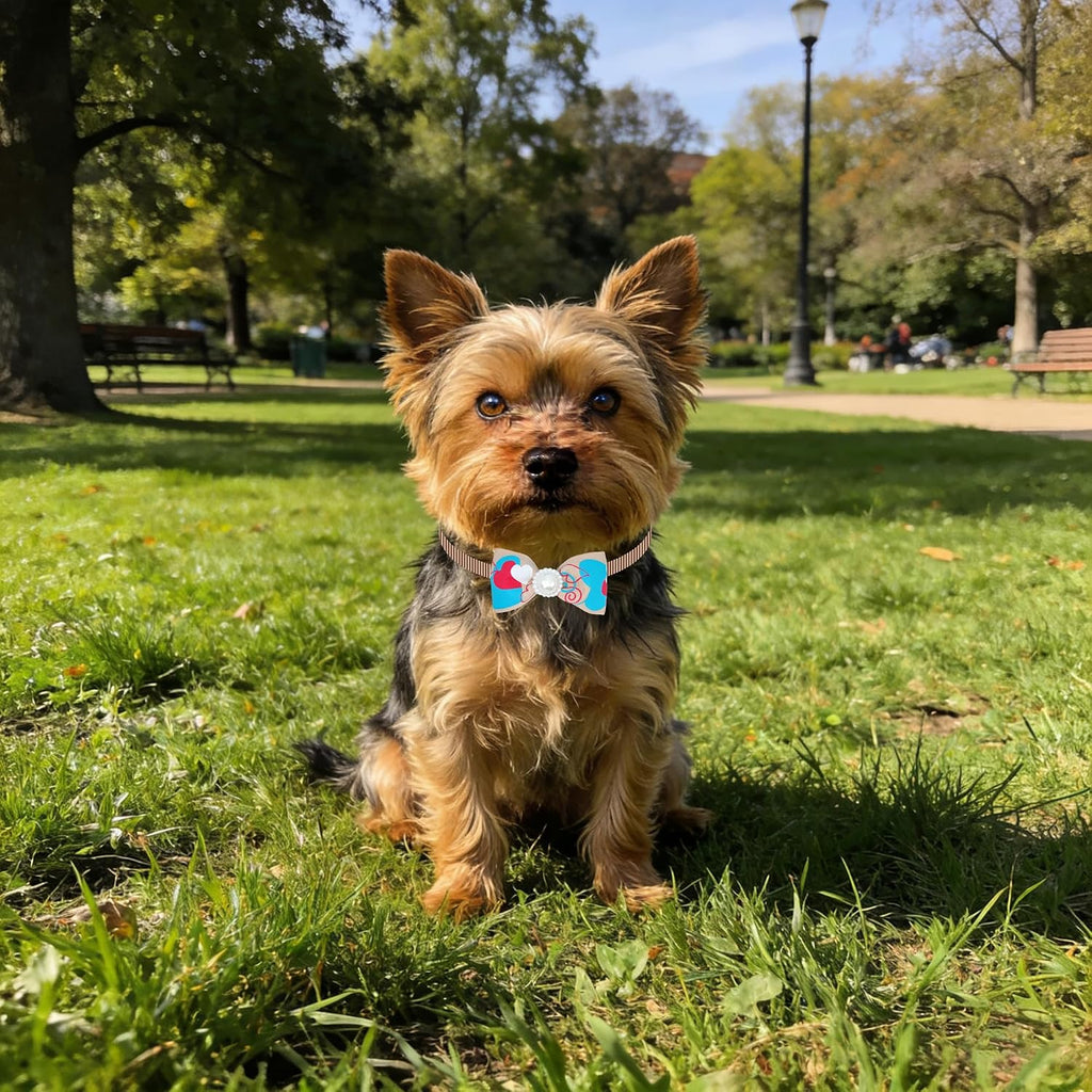 Assorted lightweight polyester ribbon pet bow ties designed for small male dogs and cats.