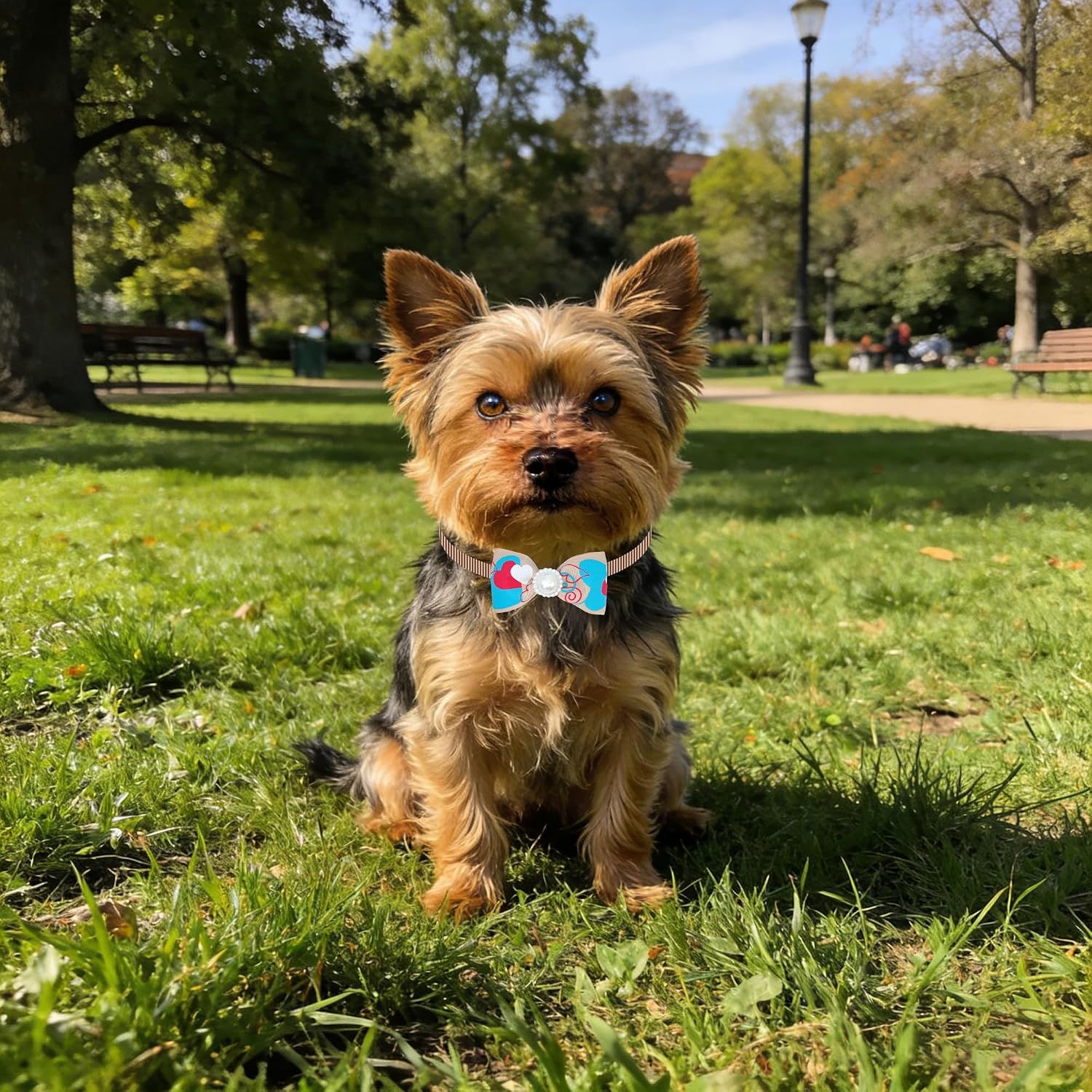 Assorted lightweight polyester ribbon pet bow ties designed for small male dogs and cats.