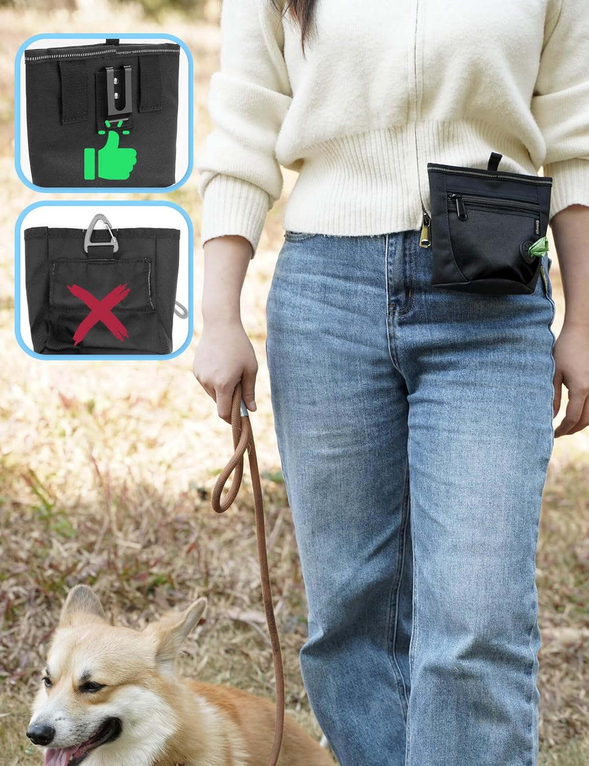 Authentic Gobeigo pet walk utility pouch containing two cups of dry dog kibble