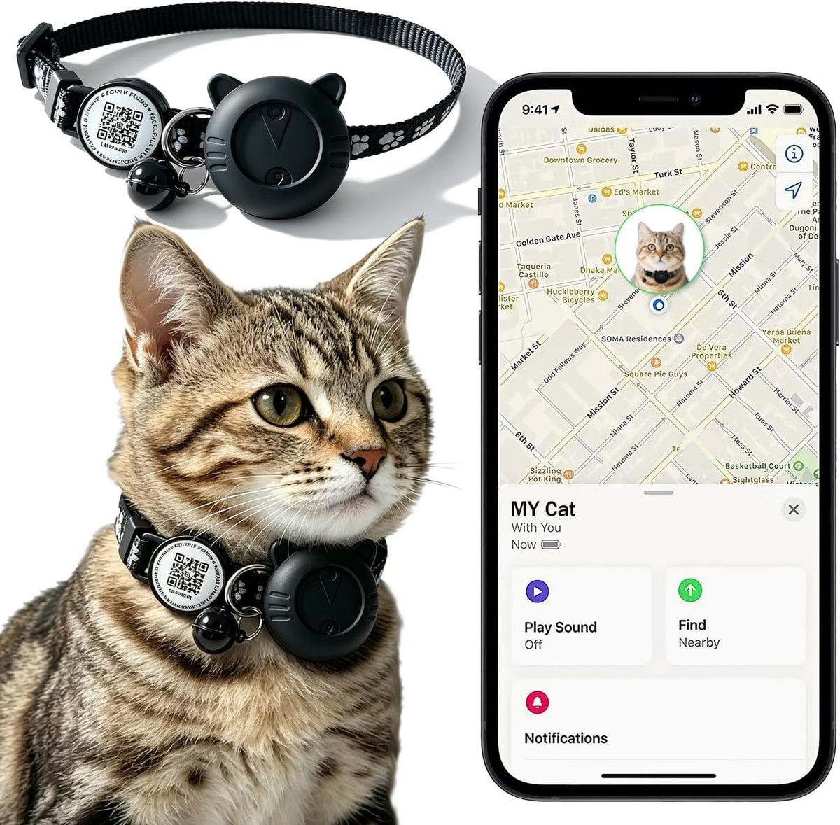DCZSDJT smart GPS cat tracker collar front view showcasing reflective material.