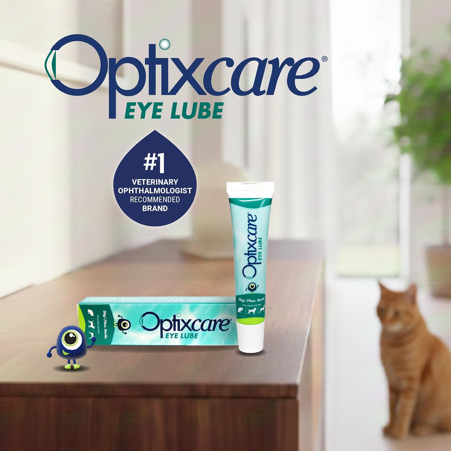Optixcare sterile eye lube 20 Grams tube close up display.