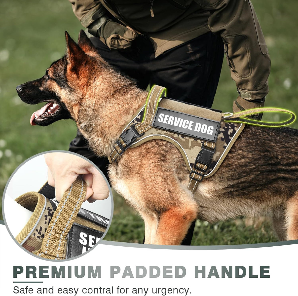 Adjustable no pull pet harness featuring quick release buckles and reflective straps.