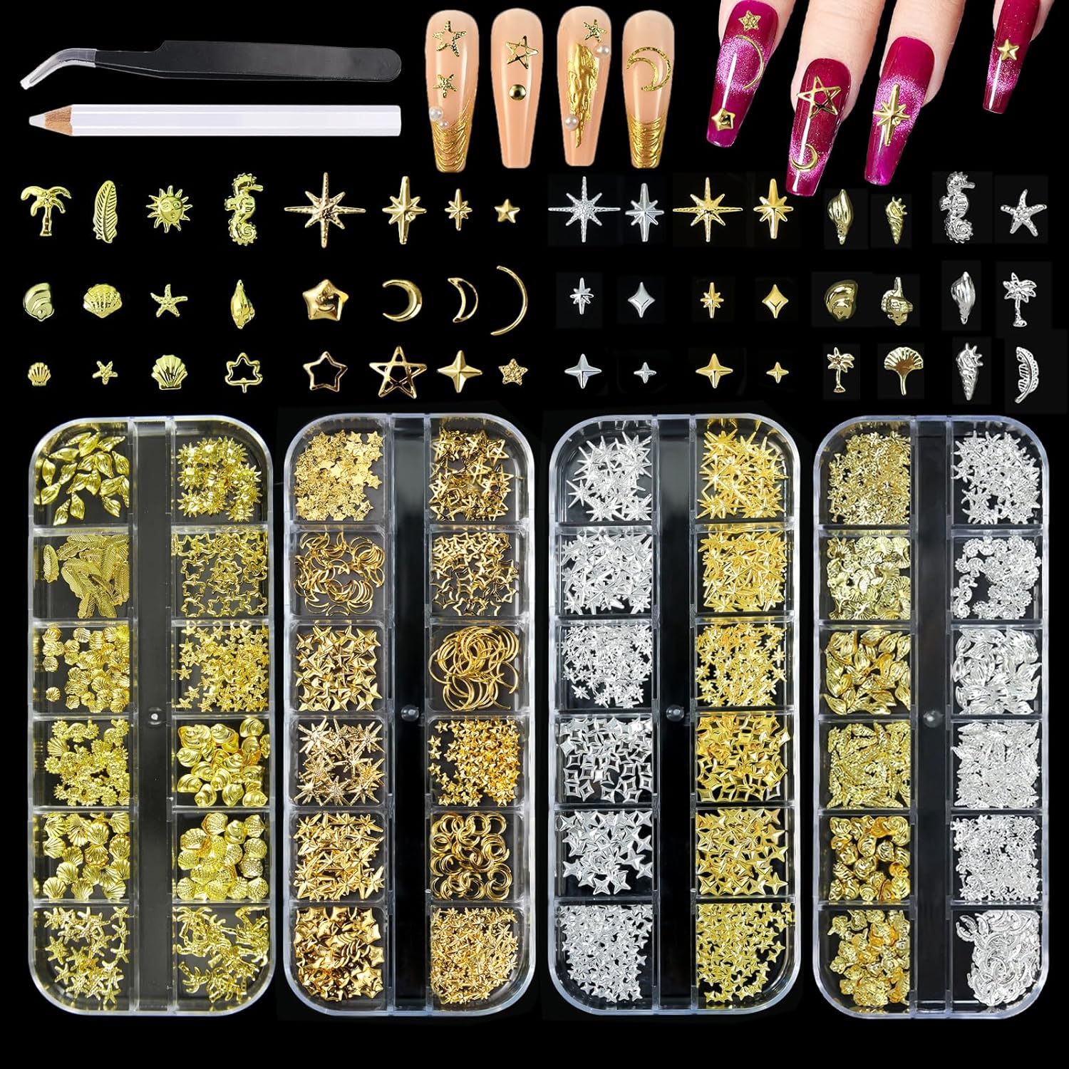 Silpecwee 4000 piece 3D metal nail art charms set front view