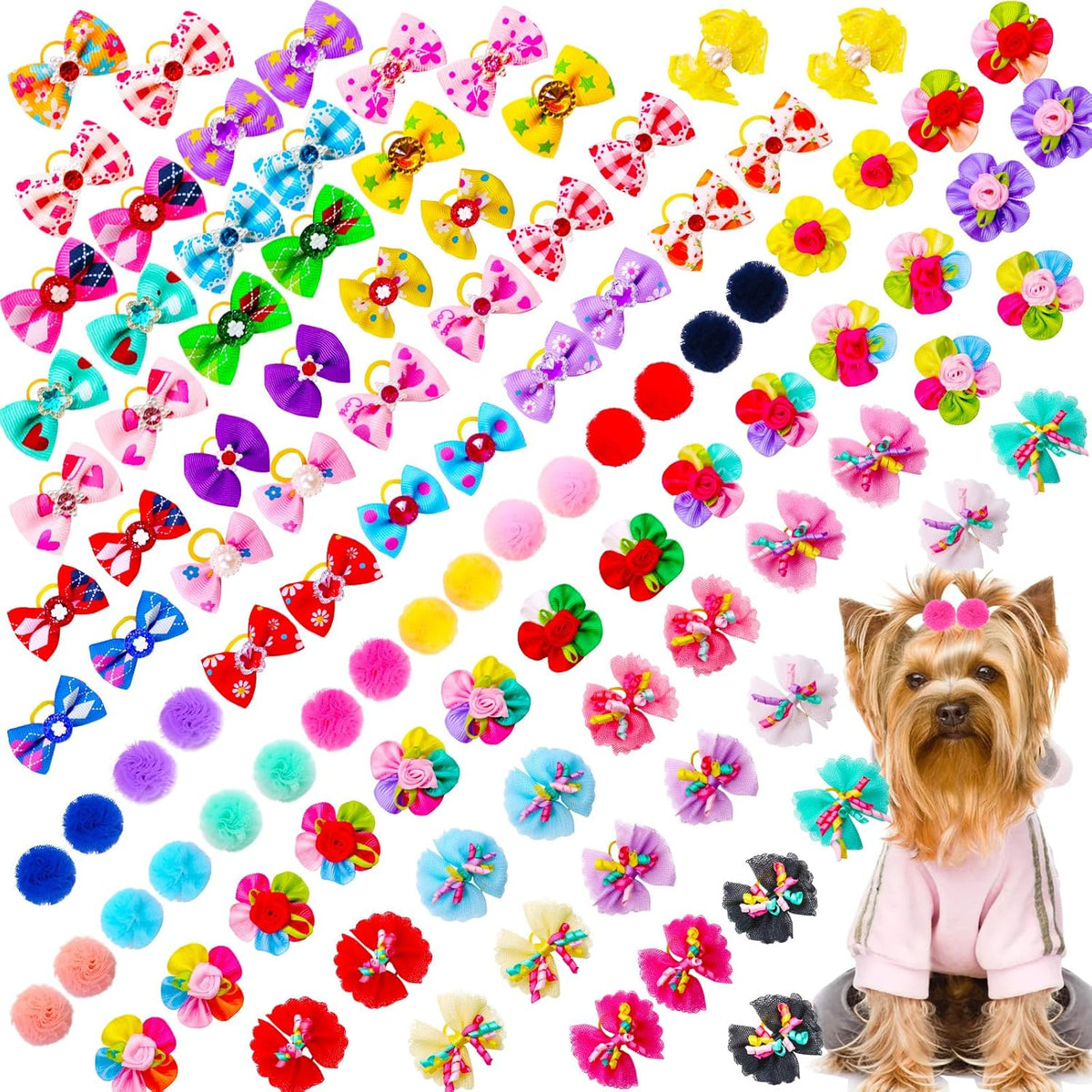 Mruq Pet 100 piece dog hair bows with rubber bands front view