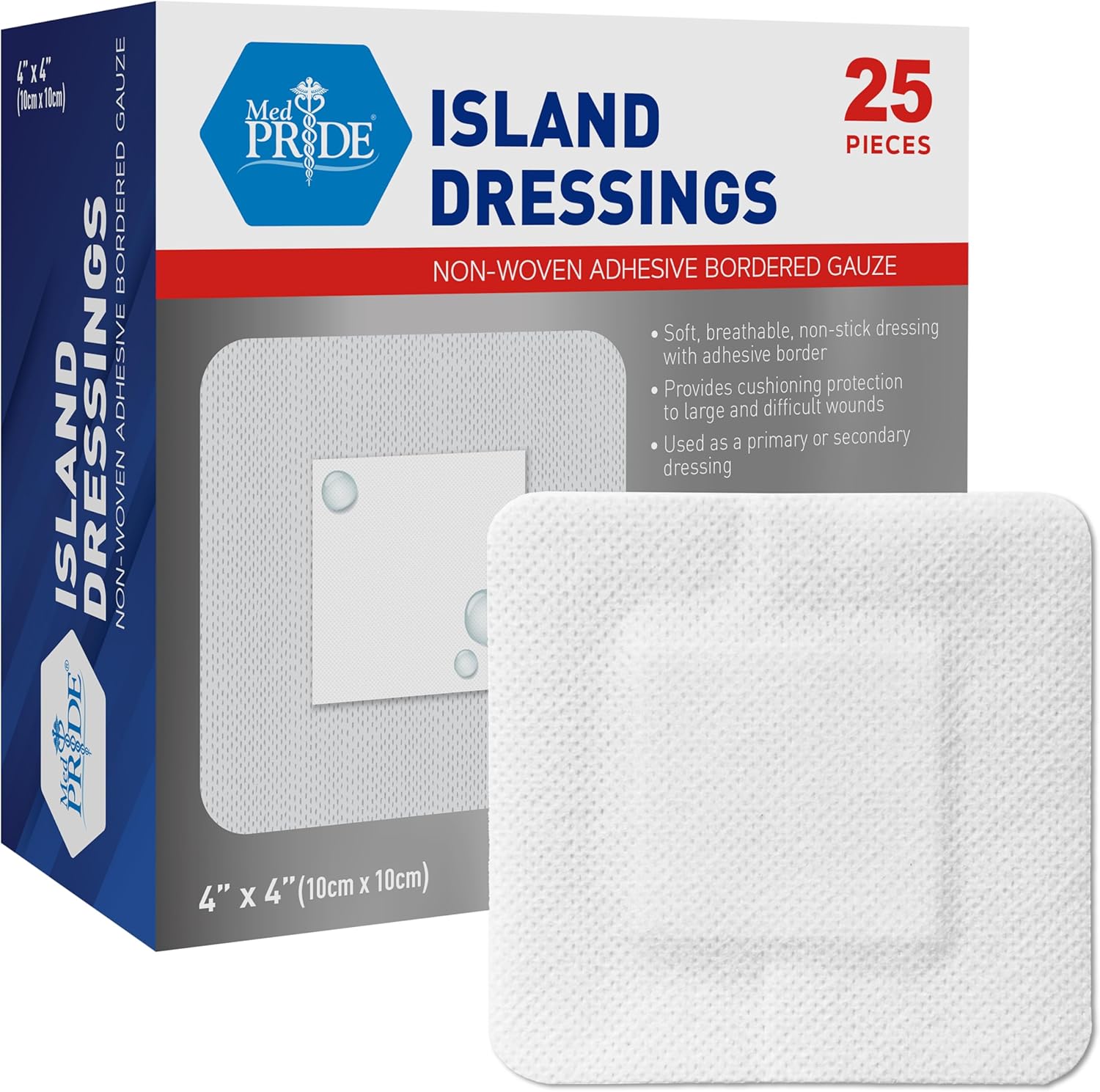 MED PRIDE Bordered Gauze Island Dressing box packaging showing front view of 25 count sterile wound care dressings.