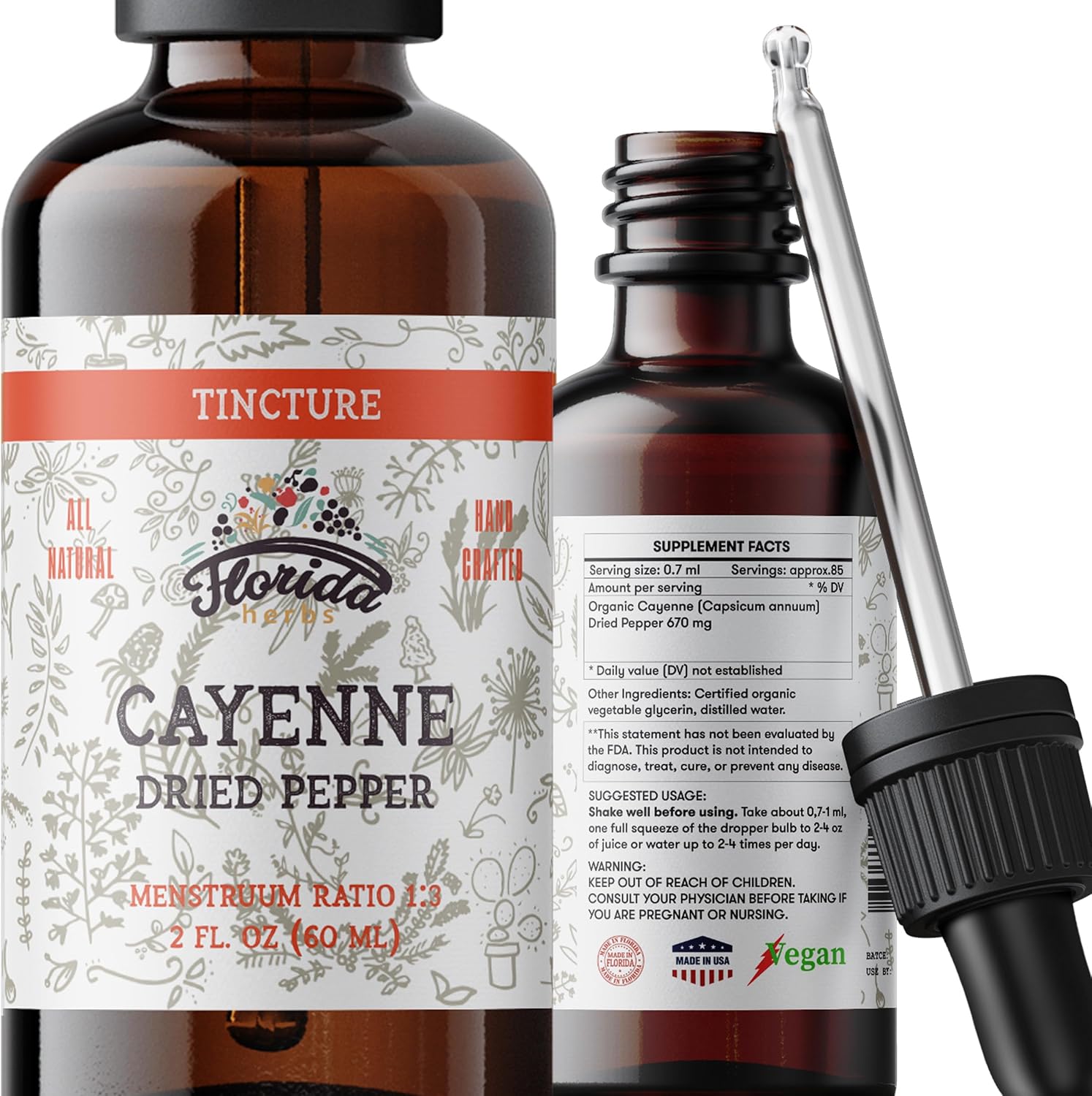 Florida Herbs Organic Cayenne Tincture Extract front view bottle for cardiovascular health support.