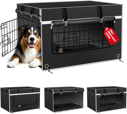 Bethshaya dog crate cover 42 inch front view showing heavy duty black fabric