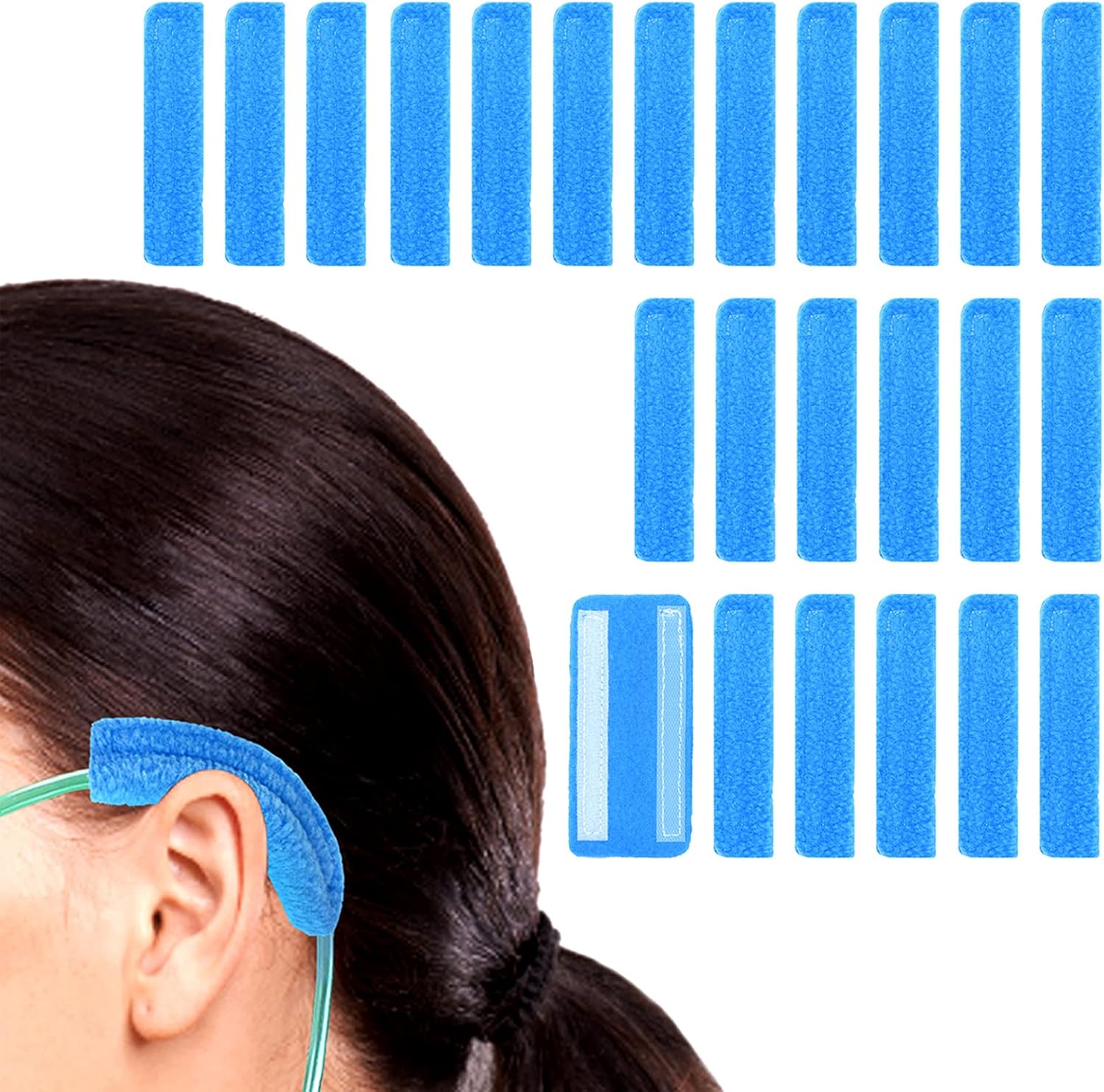 NATAKU Nasal Cannula Ear Cushions front view showing blue fleece material for oxygen therapy comfort.