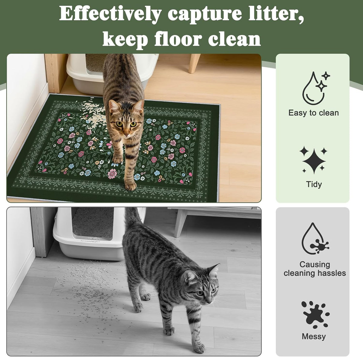 Waterproof backing of Bienbee cat litter mat protecting hardwood floors