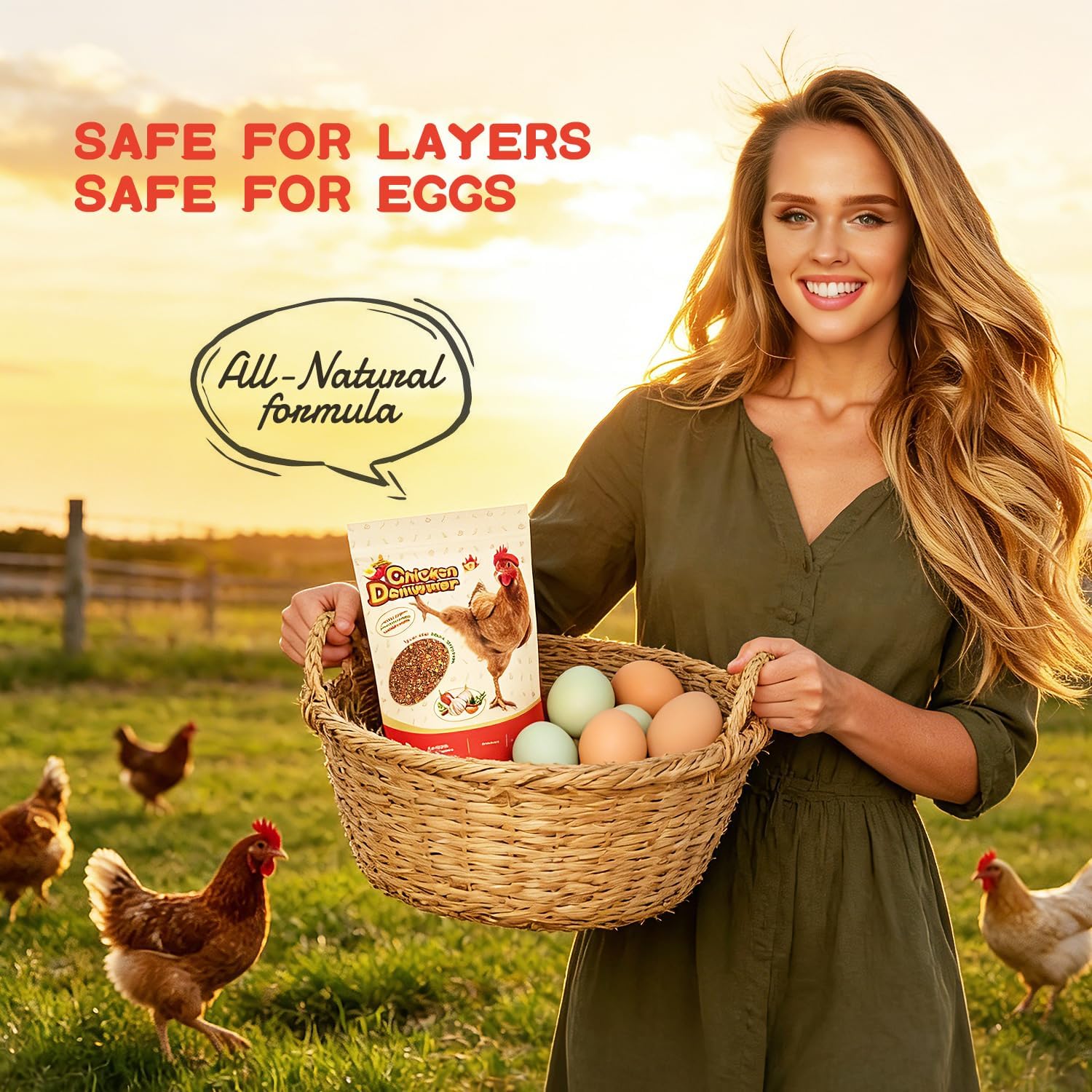 Backyard chickens eating feed mixed with chili infused poultry care supplement for gut health
