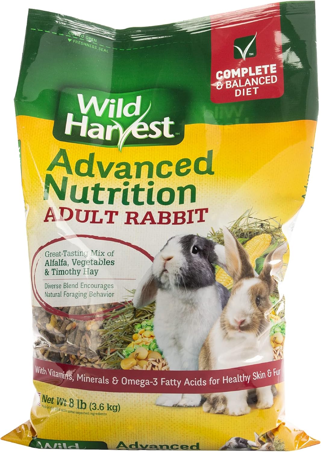 Wild Harvest Advanced Nutrition Adult Rabbit Food front packaging view showcasing Timothy hay blend.