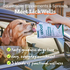 WOOF dog treats pouch being held to demonstrate the easy squeeze resealable cap design.