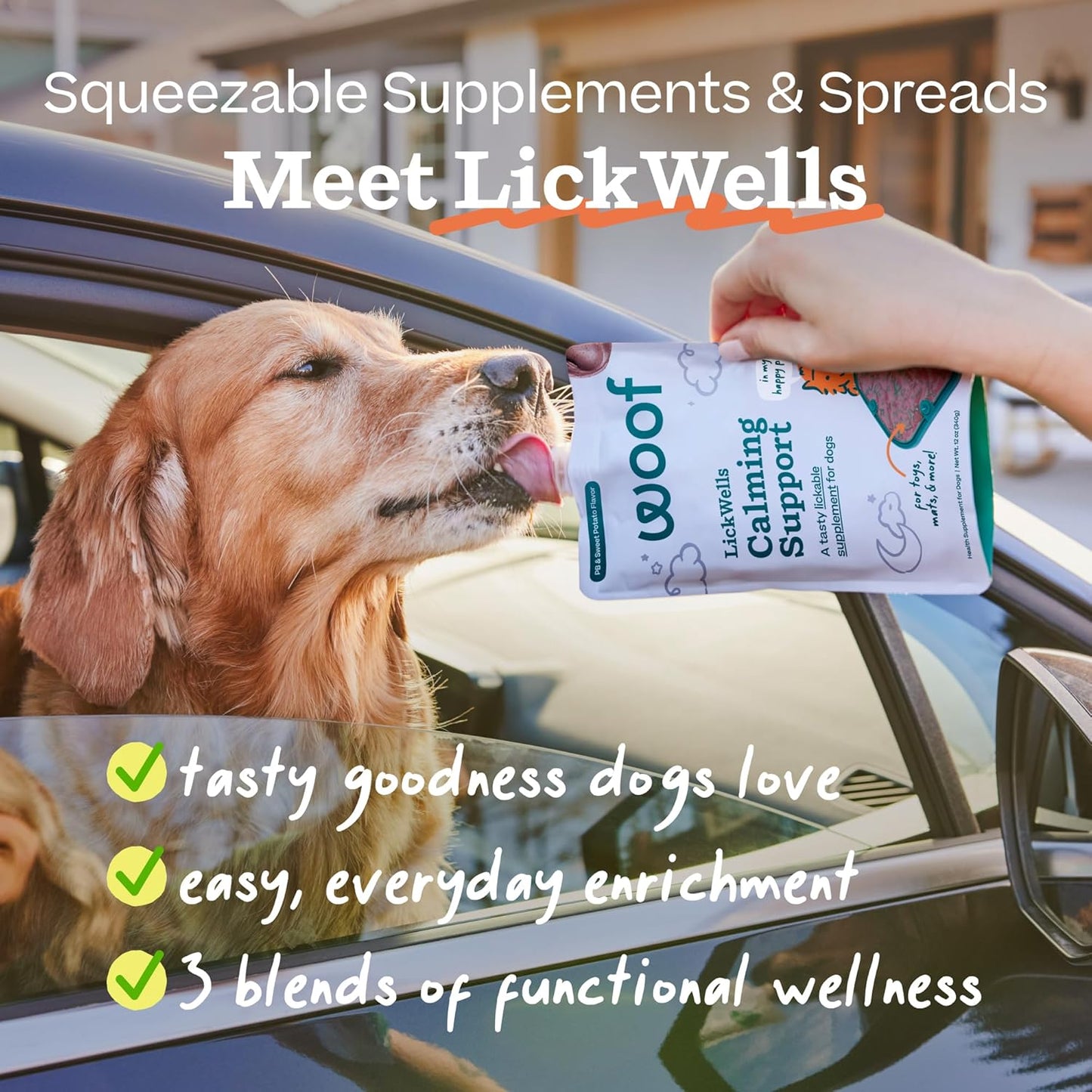 WOOF dog treats pouch being held to demonstrate the easy squeeze resealable cap design.