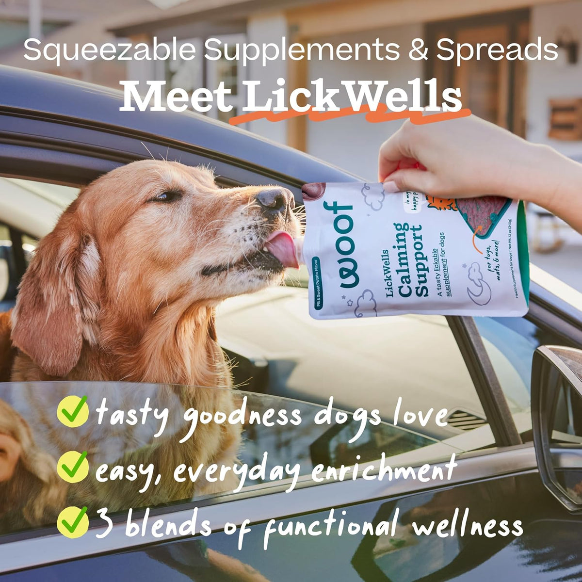 WOOF dog treats pouch being held to demonstrate the easy squeeze resealable cap design.