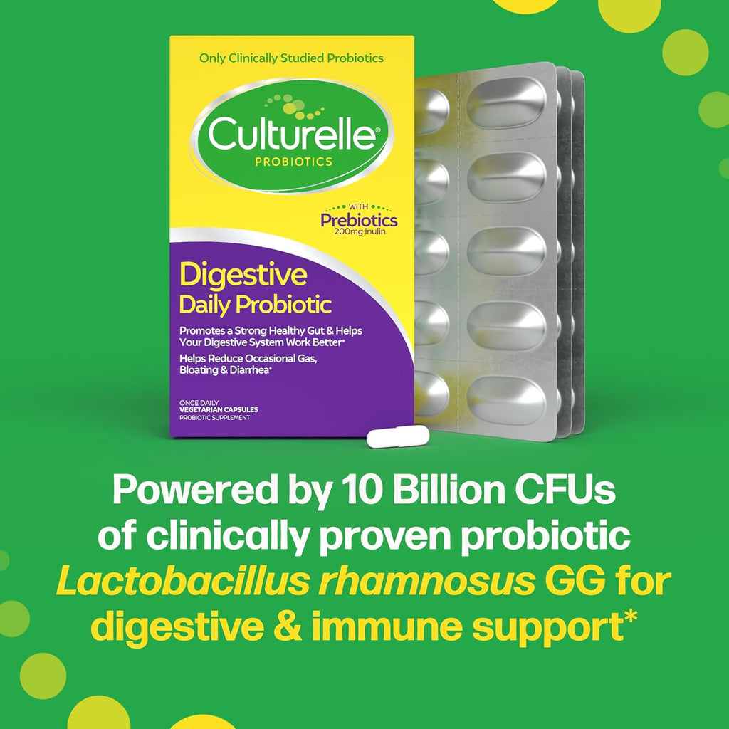Culturelle daily supplement capsules showing the combination of Lactobacillus rhamnosus GG and inulin