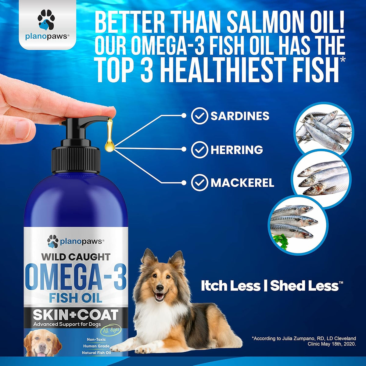 Back label of Planopaws Omega 3 pet supplement displaying the daily weight dosage chart.