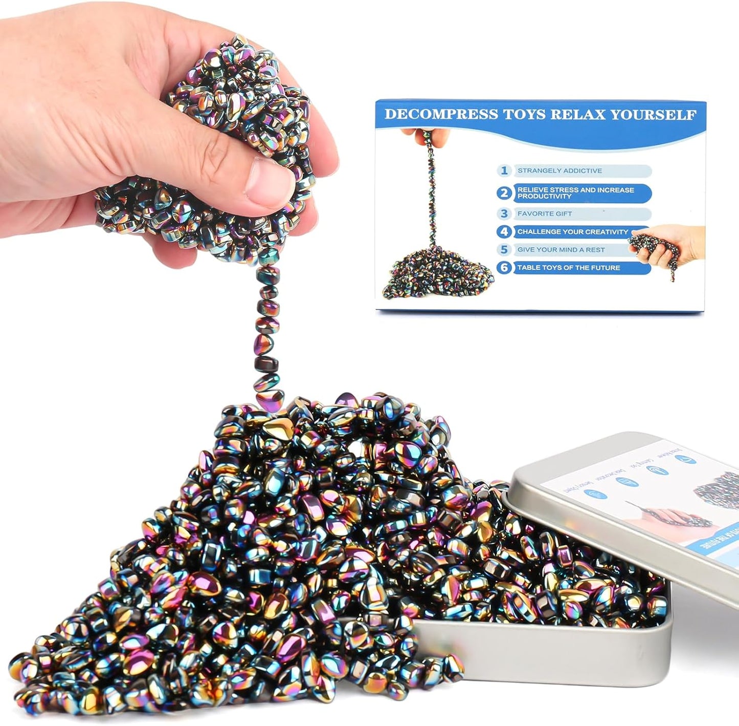 WSEJK magnetic fidget toys 1100 pieces set front view showing colorful ferrite stones inside the metal storage tin