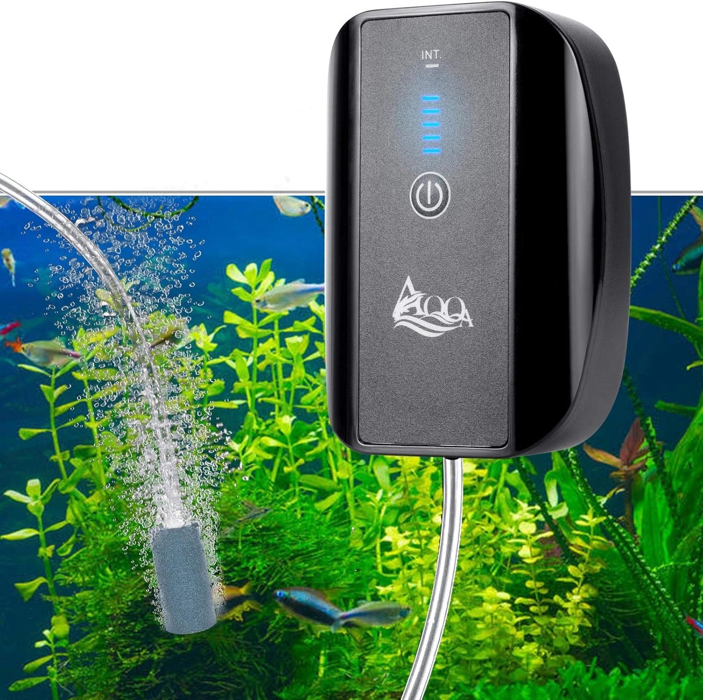 AQQA rechargeable aquarium air pump front view for fish tank